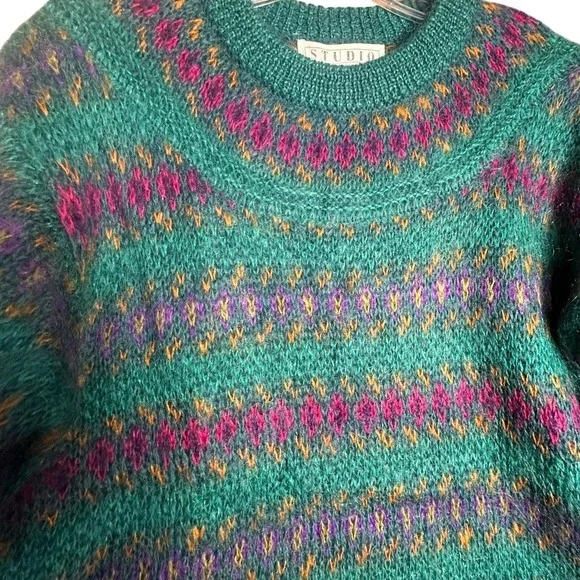Vintage 80s Michelle Stuart Mohair Wool Fair Isle Sweater‎ Teal Woman Sz M - Picture 9 of 16